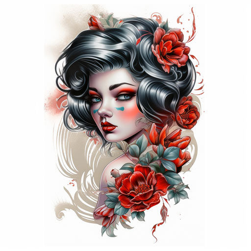 Shabby chic girl art print, tattoo style, dark silver and crimson, 1920s, crisp lines, colorful, white background, bold vibrant colors
