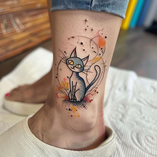 Ankle tattoos in the style of Humberto Ramos with a whimsical cat