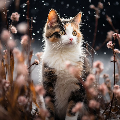Calico cat in a field during snowfall
