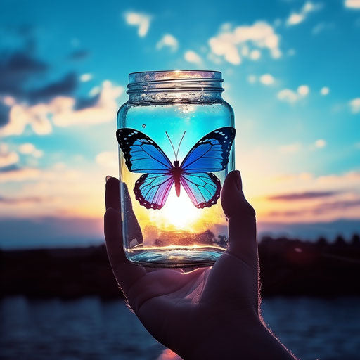 Blue butterfly jar under dreamy sky