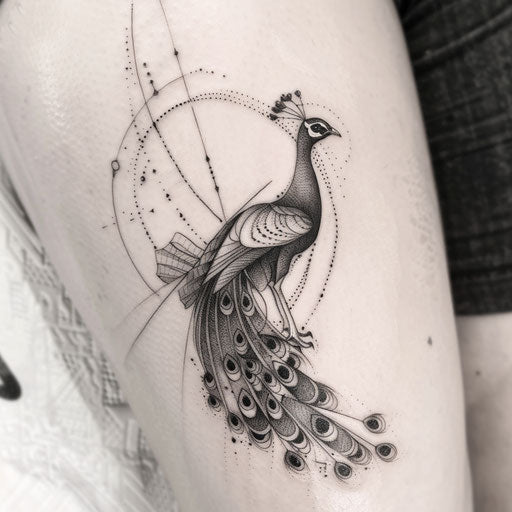Art Deco peacock tattoo with sleek lines