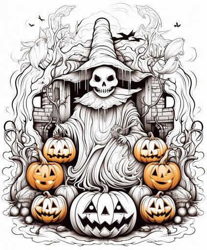 Halloween coloring page with ghost, pumpkin and spiders