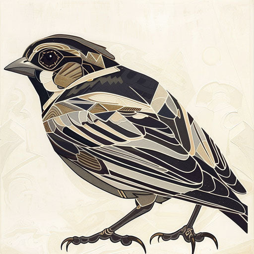 Sparrow in art deco style on white canvas