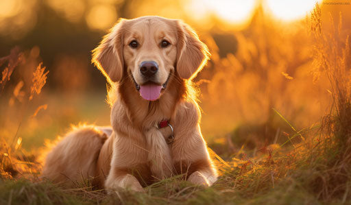 Golden retriever dog sitting on the grass, light orange and light maroon style