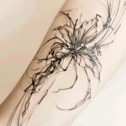 Biomechanical spider lily tattoo on clean white background