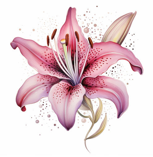 Pink lily tattoo, light silver and maroon, glittery, lyrical line-work