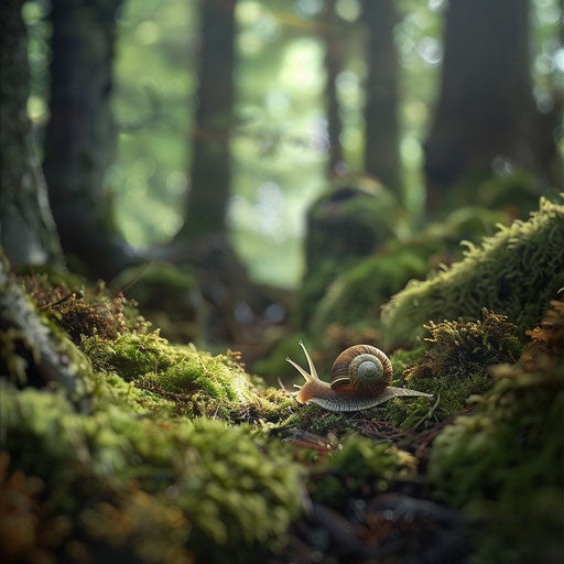 A snail navigating a mossy forest floor in the style of Vincent Munier