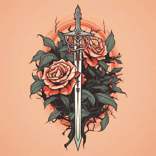 Abstract symbol sword, rose, roses, bold traditional style