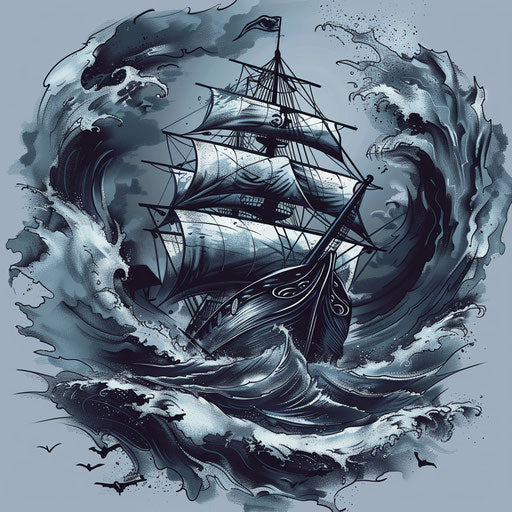 Eerie tattoo sketch of ship in stormy waters in flat style