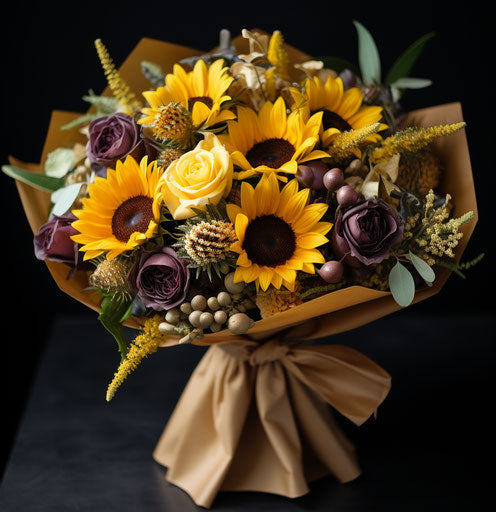 Sunflowers and lilies gift baskets, flower bouquets, sudersan pattnaik style