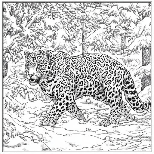 Jaguar in a snowy landscape, in the style of Jan Brett, coloring book page
