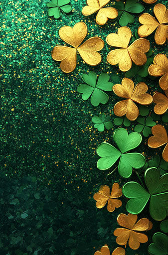 3D Shamrocks, Green & Gold, Glitter Background, St Patrick