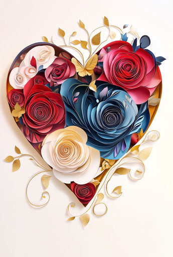 Valentine's Day poster, vector illustration, heart-shaped paper-cut art style with roses and swirls in red, pink, cream, blue, and gold, dreamy, soft lighting, romantic atmosphere, elegant, delicate, digital art style