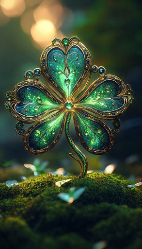 Ornate Irish shamrock, emerald leaves, magical effect