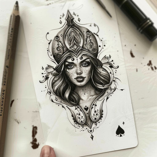 Detailed drawing of a queen of spades tattoo on white background