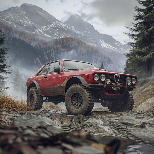 Alfa Romeo Alfasud with fat tires and lifted suspension, ready for rugged off-roading