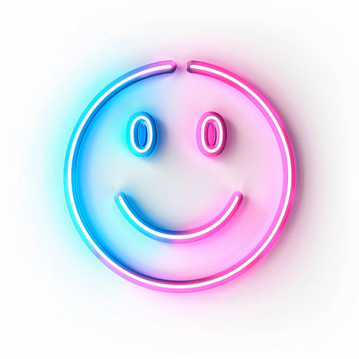 Neon smiley face in blue and pink on white background