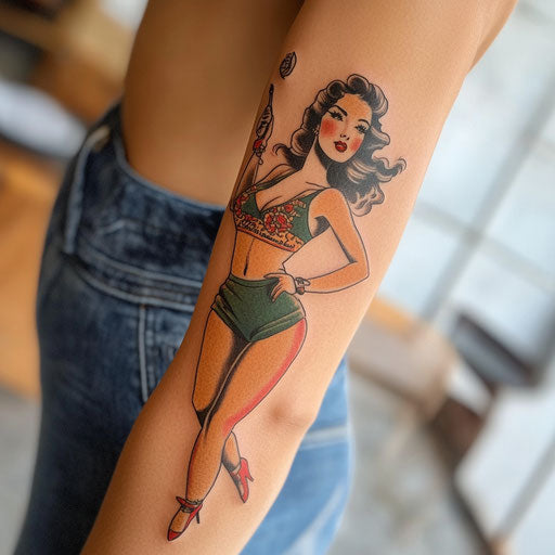 Back of arm tattoo in the style of Sailor Jerry with a pin-up girl