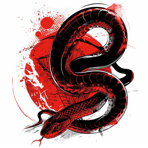 Dynamic flat tattoo sketch of a red snake attacking