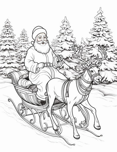 Santa coloring pages with reindeer on sleigh