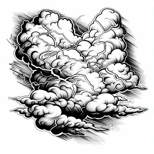 Intricate ink cloud with lightning on white background