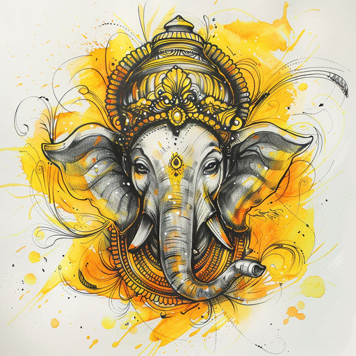 Joyful tattoo sketch of Ganesha, clipart style with bright yellows and festive details