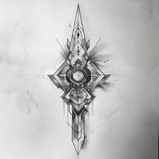 Dynamic flat tattoo sketch of a power sigil with bold, angular geometric patterns