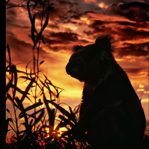 Silhouette of a koala against a dramatic sunset backdrop