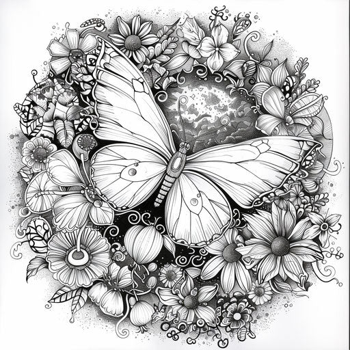 Butterfly surrounded by magical elements. Coloring book page
