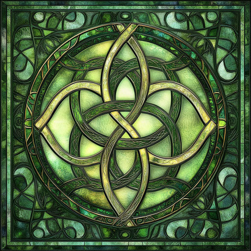 Vibrant Celtic knot design on intricate stained glass