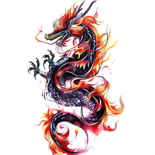 Dynamic and colorful fusion of dragon and flame tattoo