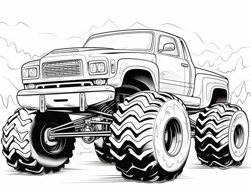 Monster truck free coloring pages, flowing silhouettes style, captivating, auto body works, konica big mini, white and orange, line drawings 31:24
