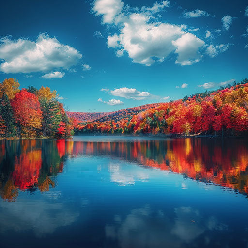 Pocono Mountains with autumn foliage reflecting in a lake