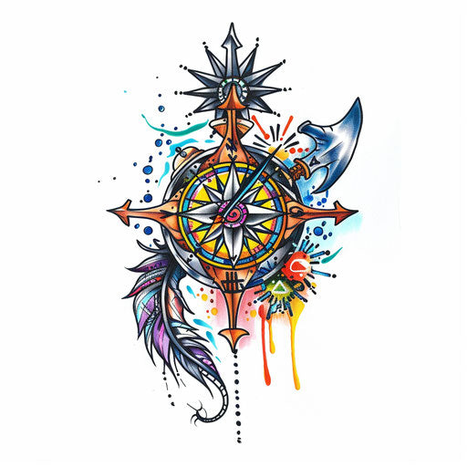 Viking compass tattoo sketch, colorful clipart style