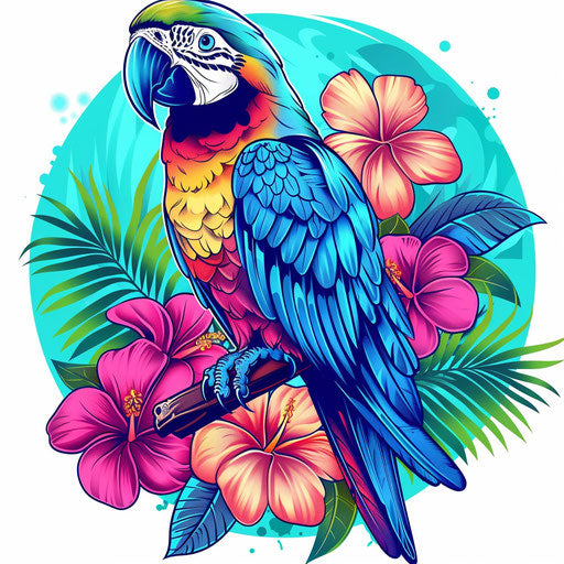 Bold tattoo sketch of a parrot on a branch with tropical flowers