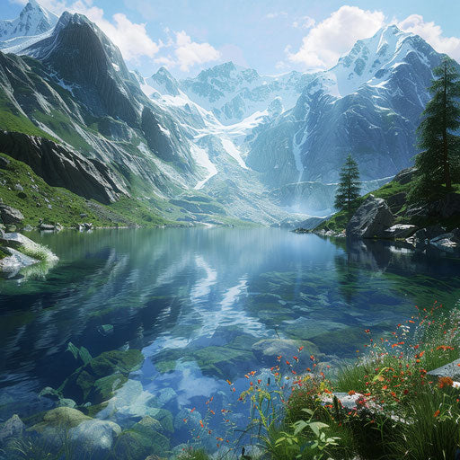 Natural view: crystal-clear glacial lake surrounded by snow-capped peaks