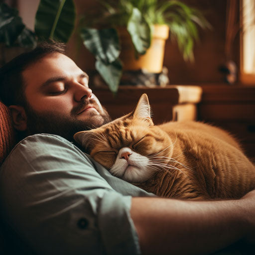 Exotic shorthair cat napping on a couch with its owner