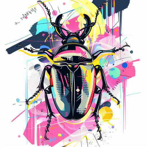 Tattoo sketch of a neon-colored beetle with abstract shapes in a modern clipart style