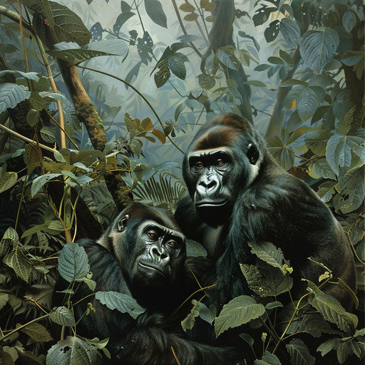 Family of gorillas in the dense foliage of a misty rainforest