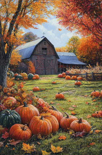 Charming autumnal landscape with pumpkins near an old barn