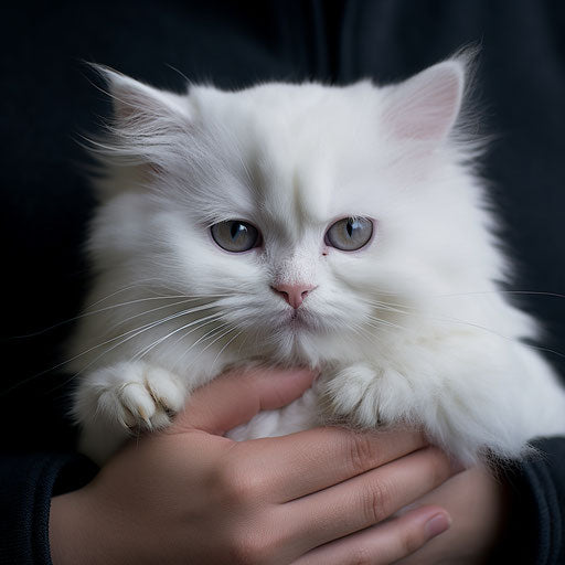 White cat held by owner