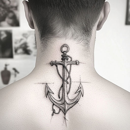 Small neck tattoo for men with stylized anchor