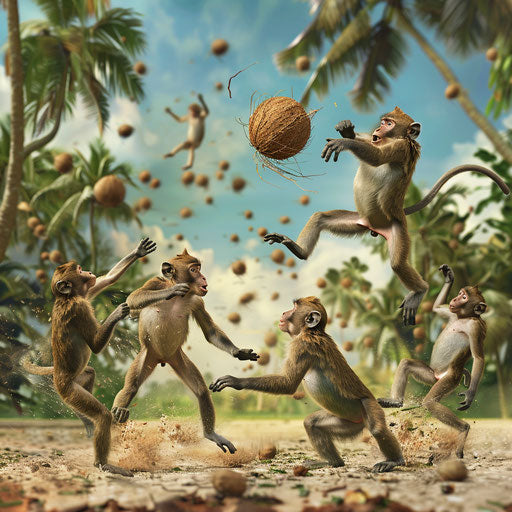 Monkeys playing coconut soccer in action shot