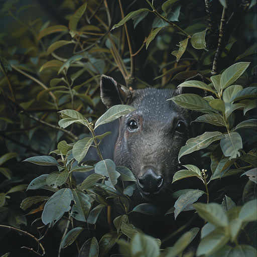 Baird's tapir behind thick bush, curious gaze