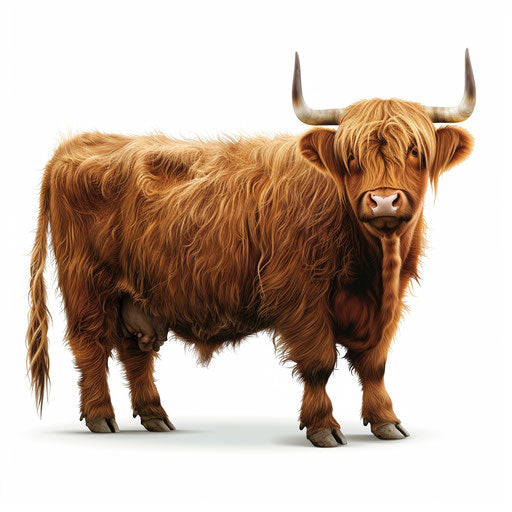 Highland cow clipart in photo realistic style on flat white background
