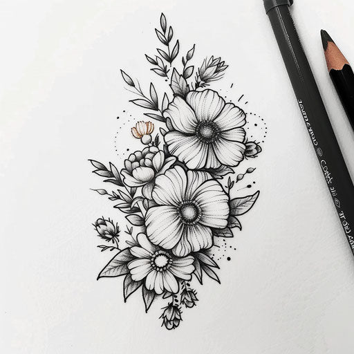 Cultural flat tattoo sketch of a birth flower bouquet with traditional styled roses and calendulas