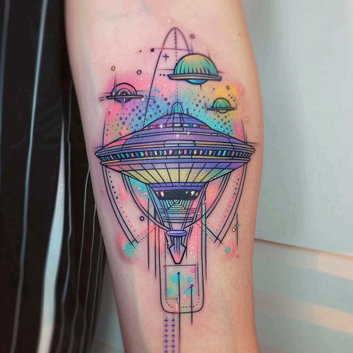 Futuristic UFO tattoo in a neon color palette