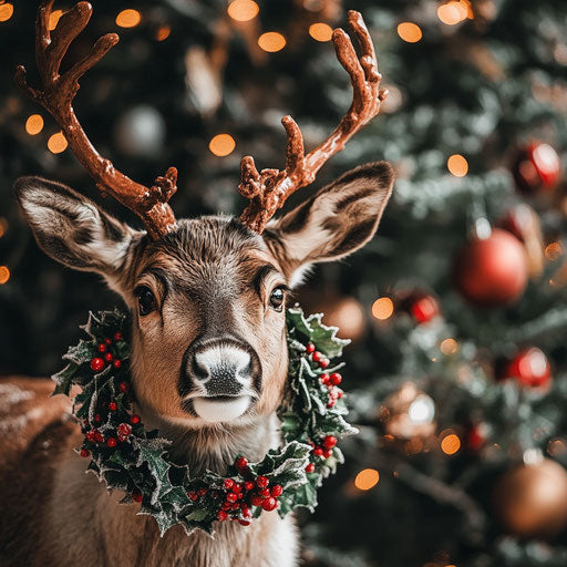 Festive reindeer beside decorated tree