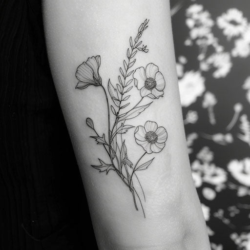 Wildflower tattoo in blackwork, bold lines, negative space, stylized