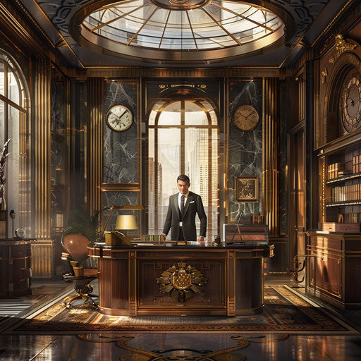 Businessman in an Art Deco office with vintage charm